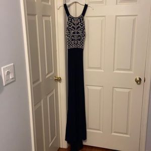 Beautiful navy beaded, low back prom dress size 9/10. Straight skirt w/ slit.